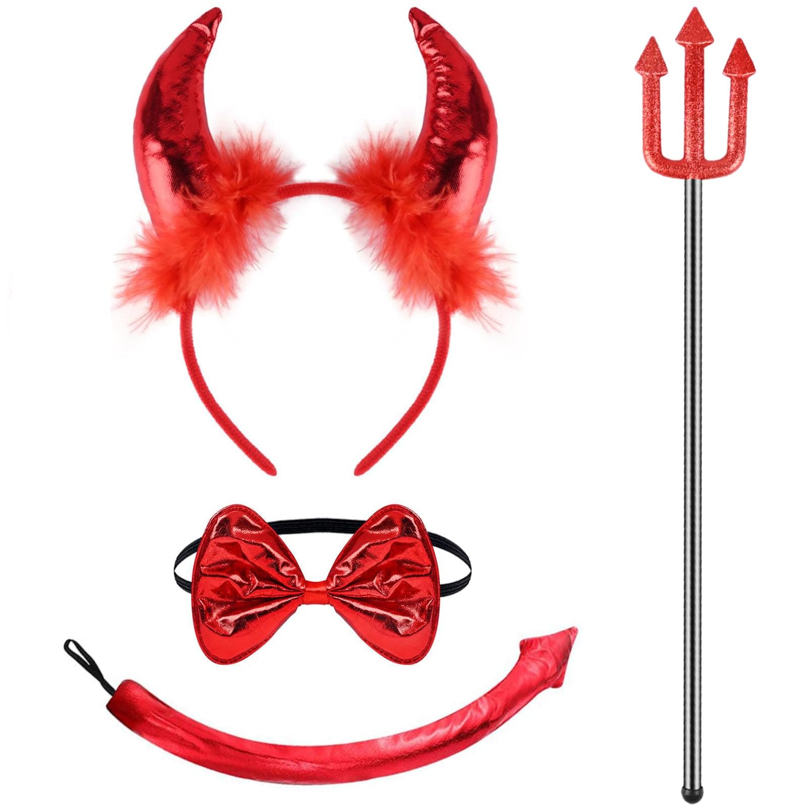 Devil Costume Outfit with Devil Horns Headband Tail Bow Tie Devil Fork Prop for Women Men Kids for Halloween Cosplay Supplies
