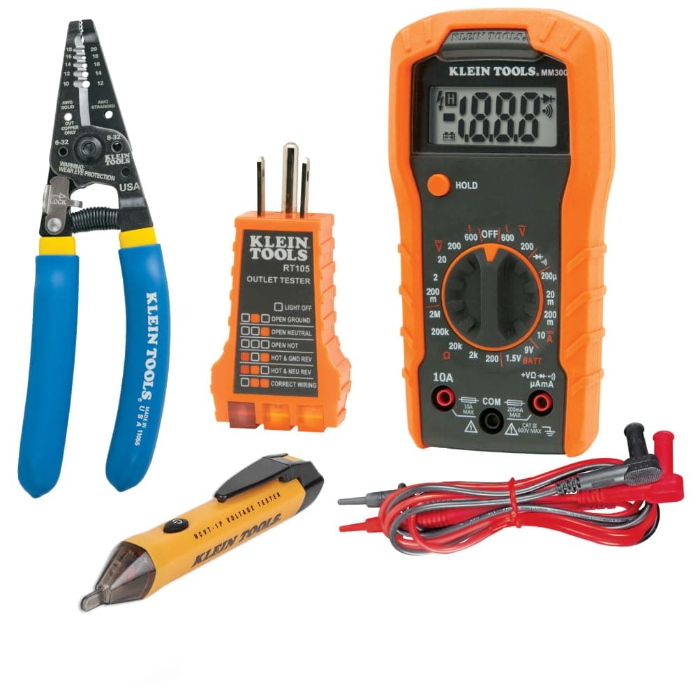 KLEIN TOOLS81021 Electrical Tester Tool Kit with Multimeter, Non-Contact Voltage Pen, Receptacle Tester, Wire Stripper/Cutter, 4-Piece