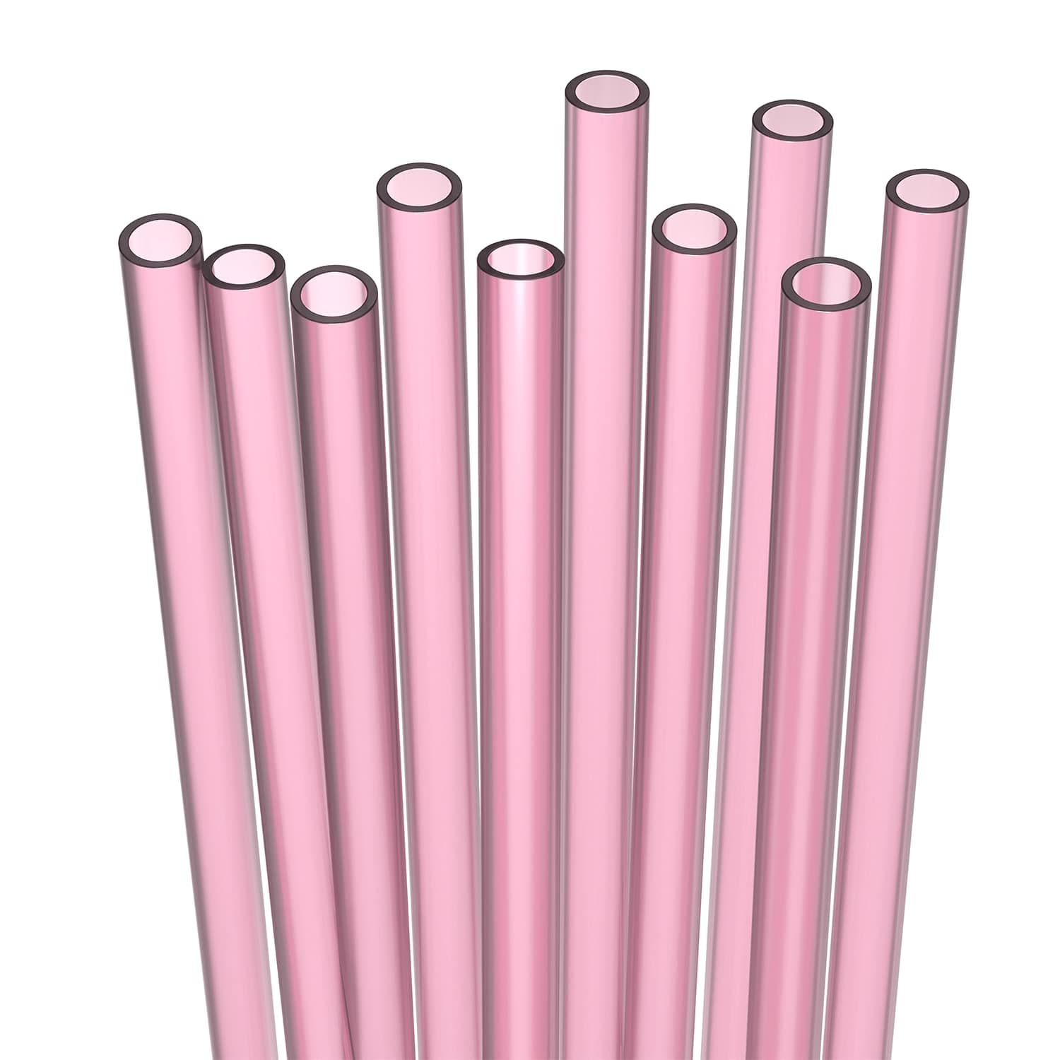 10 Long Reusable Hard Pink Plastic Drinking Straws, Medium Width + Sturdy Cleaning Brush - for Tumblers, Mason Jars, Smoothies and Milkshakes - Dishwasher Safe BPA Free