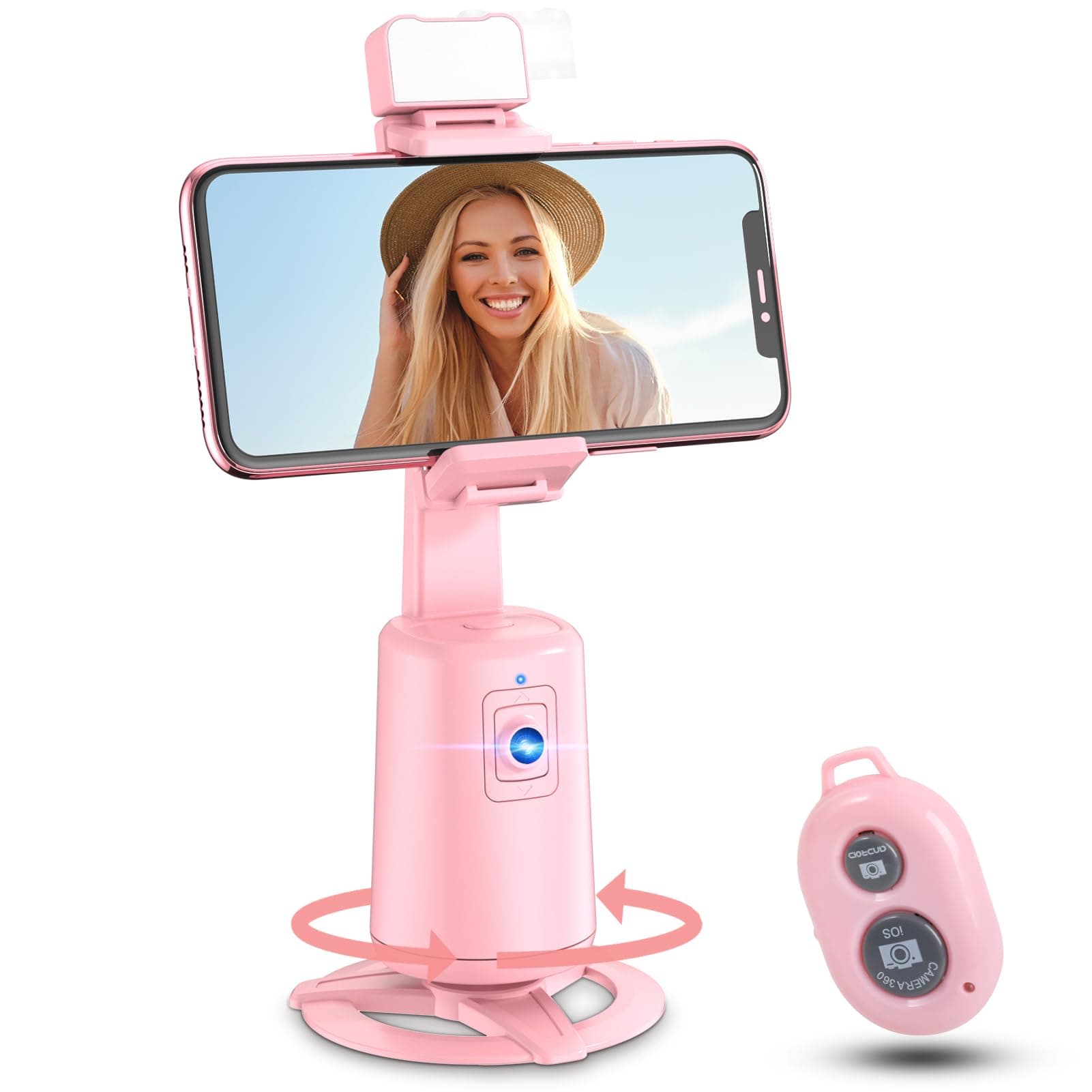 Auto Face Tracking Tripod 360° Rotating Auto Tracking Phone Stand, No App, Phone Camera Stand with Remote and Gesture Control, Rechargeable Smart Shooting Stand for Live Video Recording Tiktok(Pink)