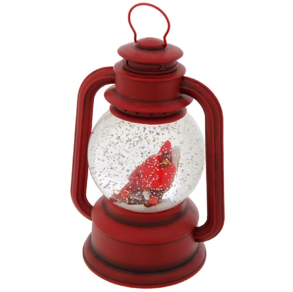 9.5" Red Lighted Lantern with Cardinal Bird in Continuous Swirling Glitter Snowglobe Decor, 9.5 Inch, Battery Operated