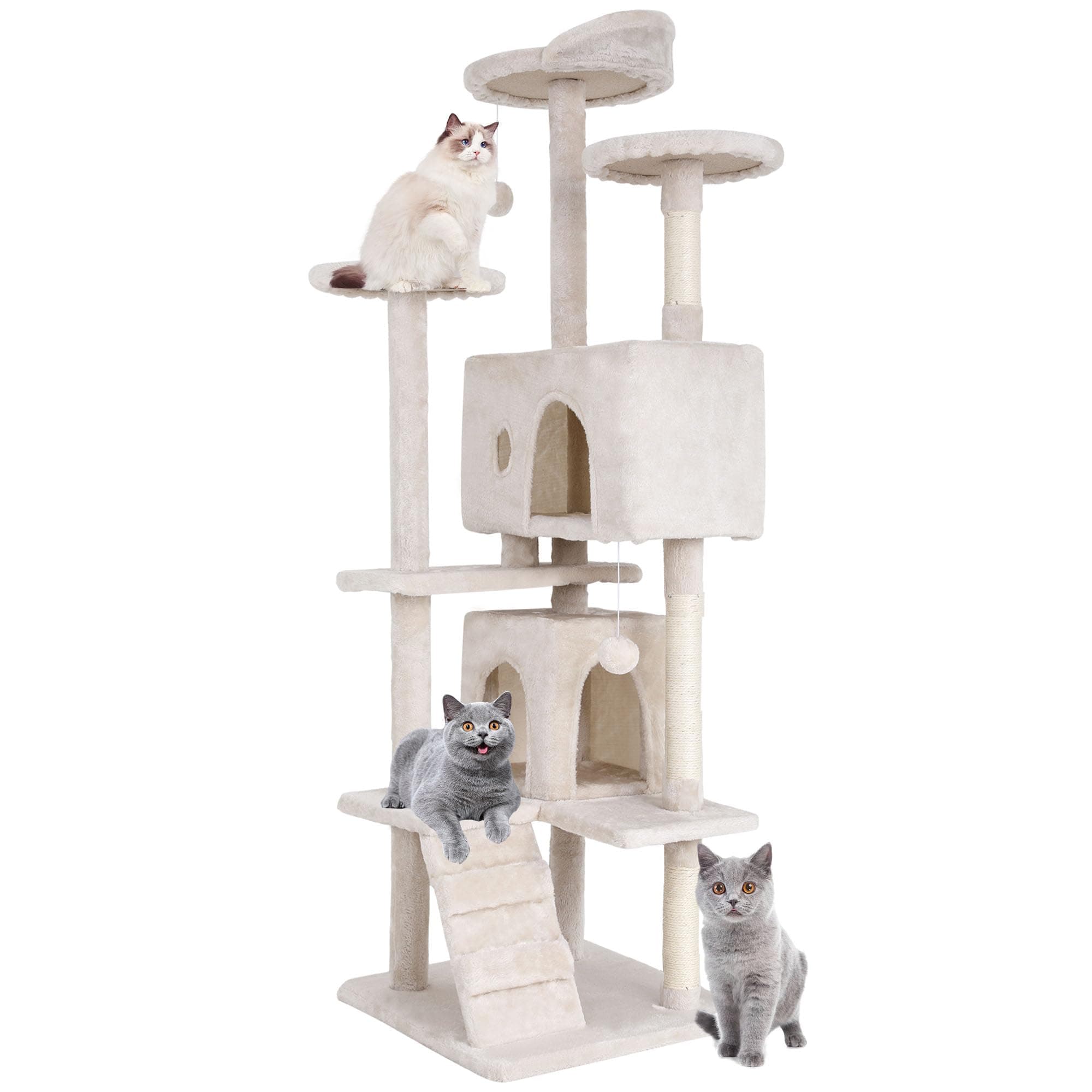 BestPet | 70" Cat Tree Tower | Beige | Sturdy, Easy to Assemble, Multi-Level Activity Center with Sisal Scratching Posts, Condos, Perches, Hanging Cat Toys, Observation Decks & Ladder