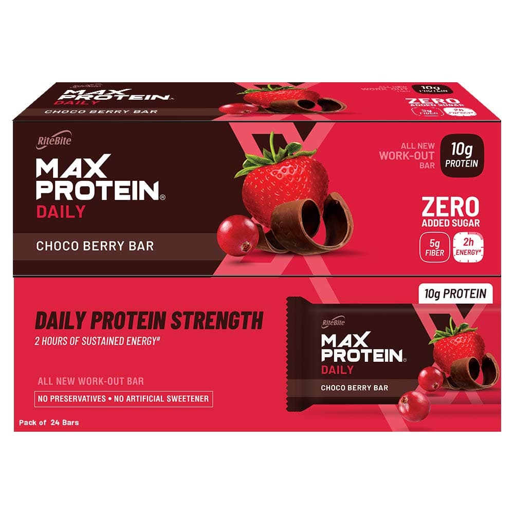 RiteBite Max Protein Daily Choco Berry 10g Protein Bar [Pack of 24] Protein Blend, Fiber, Vitamins & Minerals , No Preservatives, 100% Veg, No Added Sugar, For Energy, Fitness & Immunity - 1200g