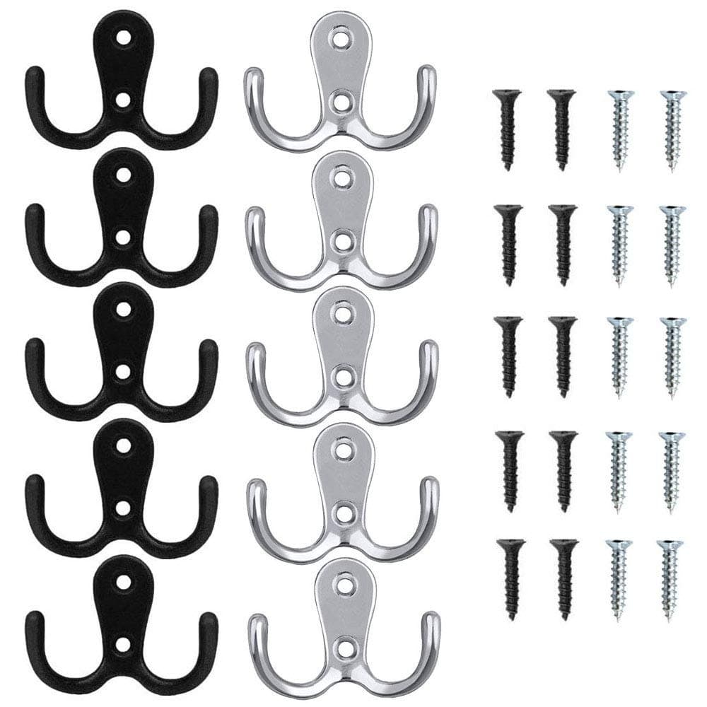 YNH Double Prong Robe Hook, 10 Pack Dual Coat Hooks Retro Metal Wall Mounted Hooks for Bathroom Bedrooms Kitchen