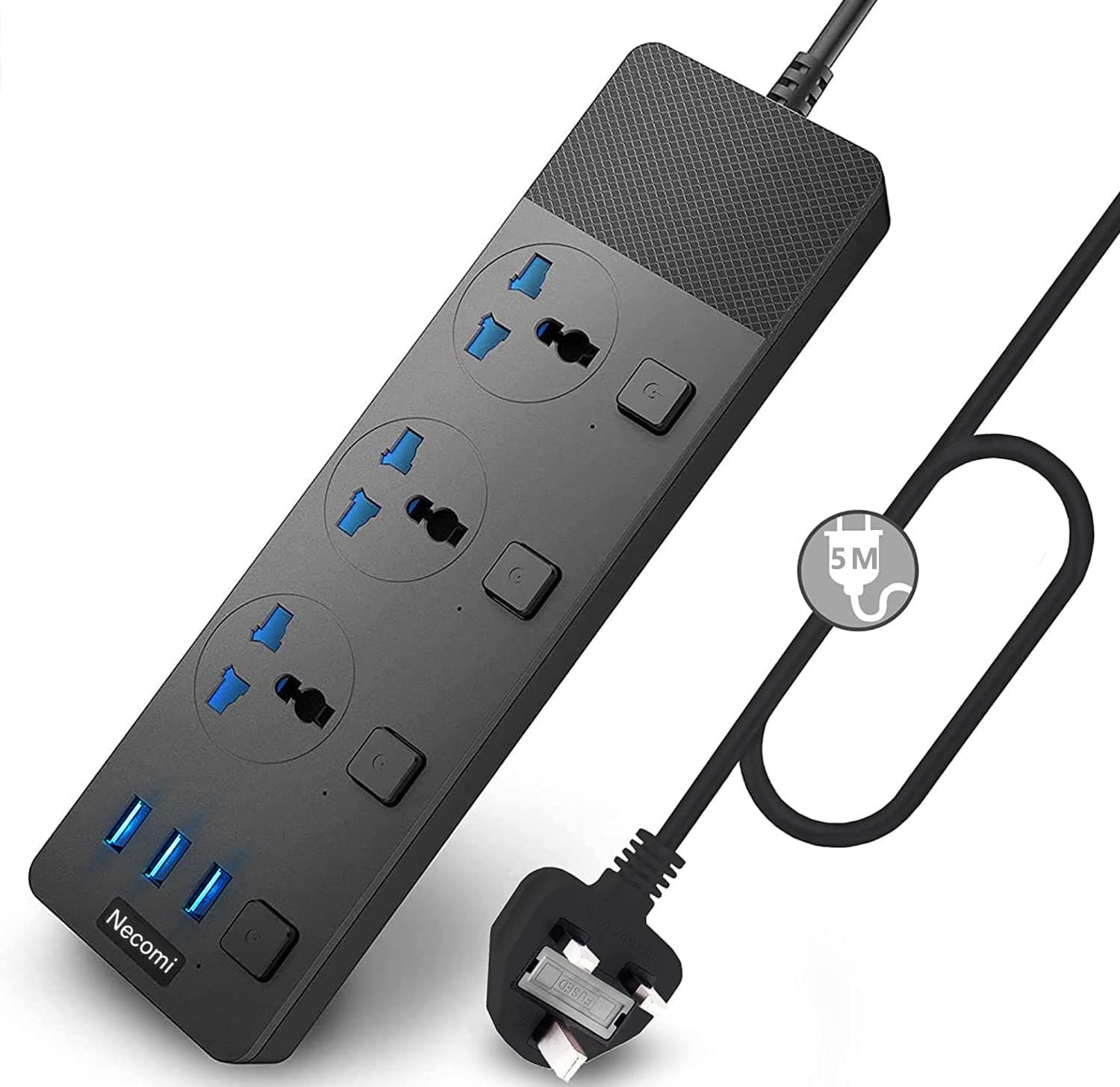 Necomi Extension Lead with 3 USB Slots | 5 Meter Cable Cord Power Strip, 3 Way Universal Socket | Smart Charging Station Hub, Individually Switched, Surge Protected, and Wall Mount UK Plug (Black)
