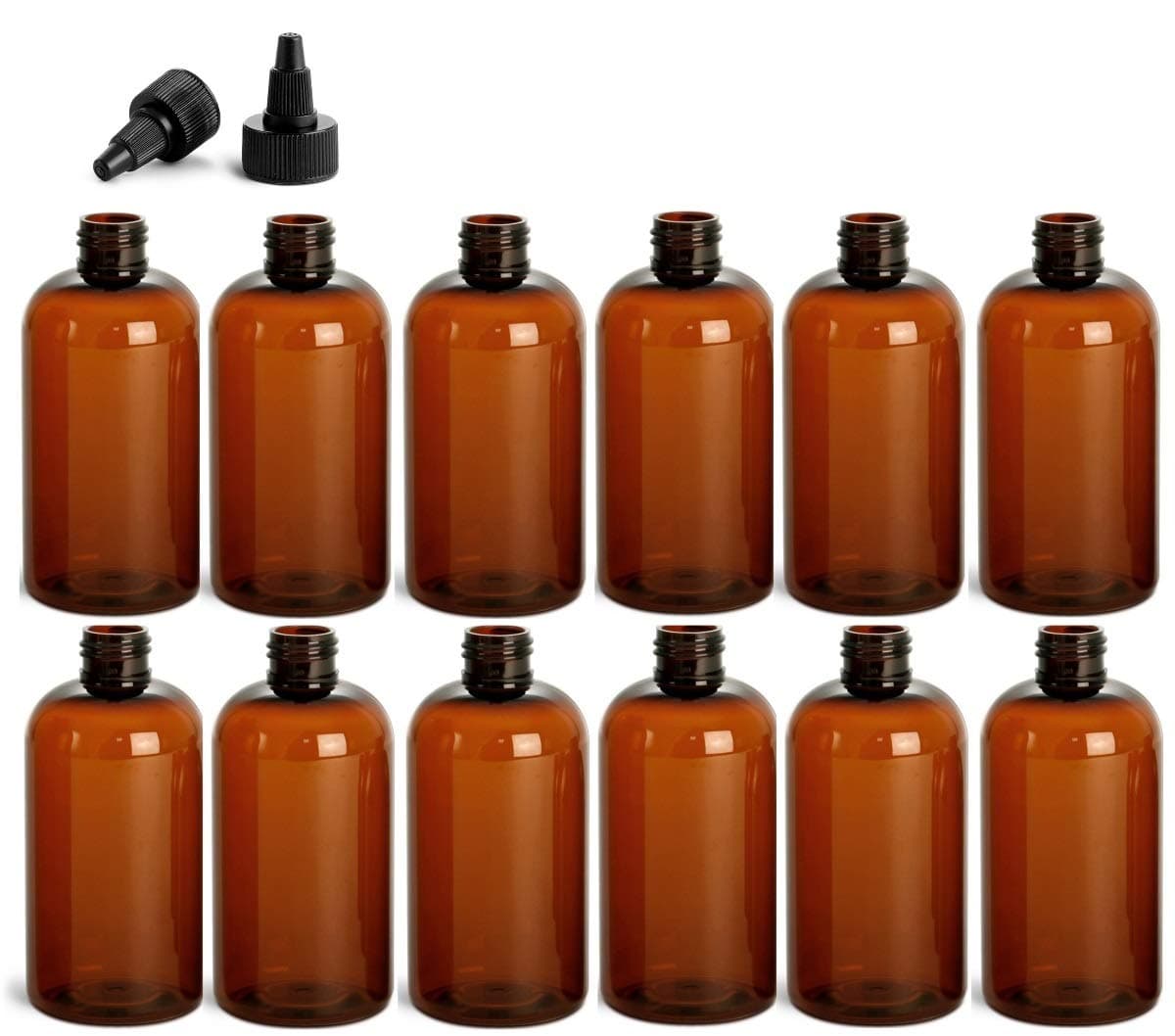 8 Ounce Boston Round Bottles, PET Plastic Empty Refillable BPA-Free, with Black Twist Top Caps (Pack of 12) (Amber)