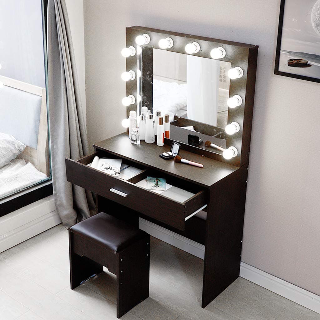 Lroplie Vanity Set with Mirror,Bench Multi-Functional 3 PCs Home Furnishing Cushioned Stool Makeup Table Set 2020 with 12 LED Lights for Women Men Easy to Assemble Fashion
