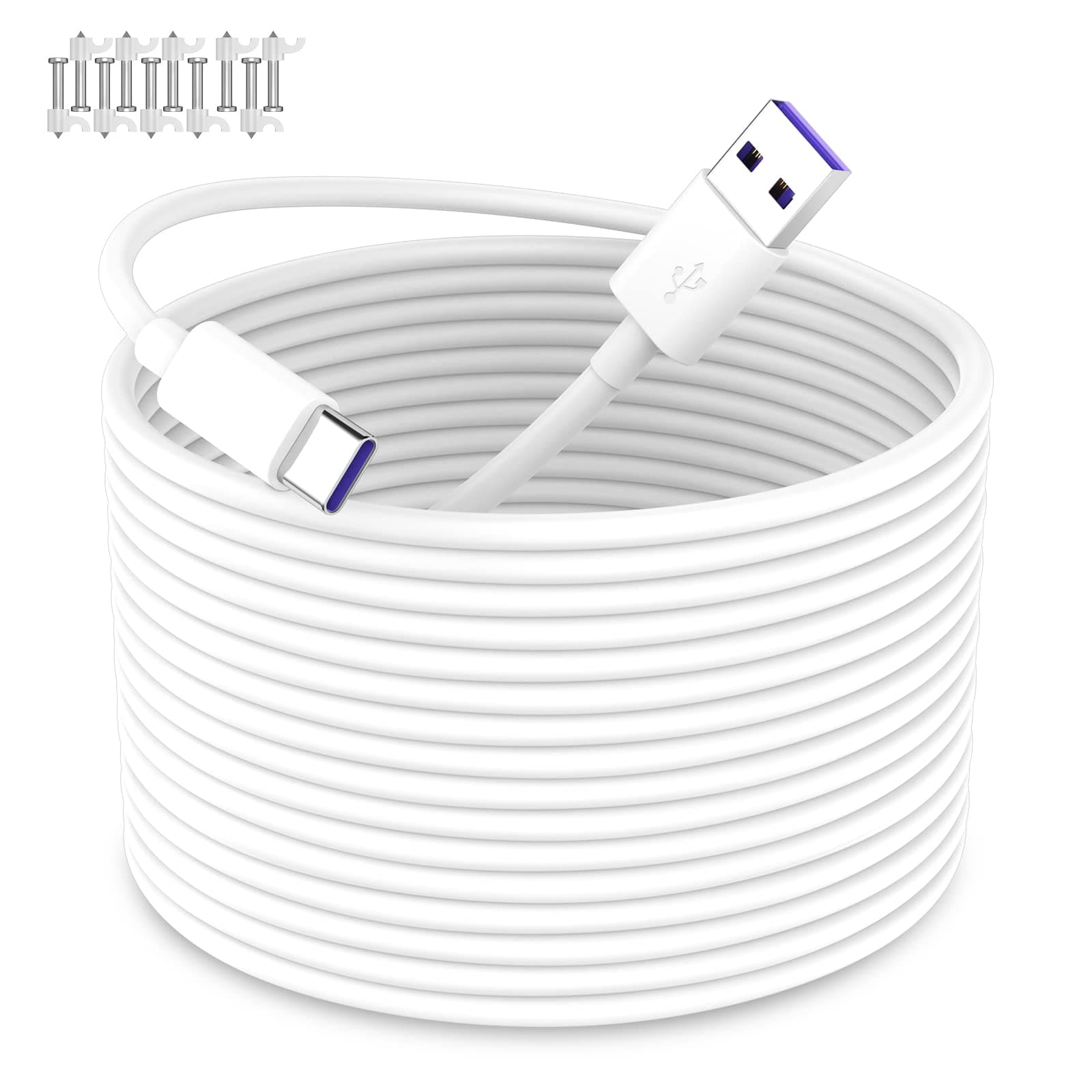 iMangoo USB to USB C Power Cable for CCTV Camera, 33FT Type C Long Power Extension Cable for Tapo TP-Link Xiaomi Mi eufy Security Camera Outdoor Indoor Cord with 10 Wire Clips Cable Nails White