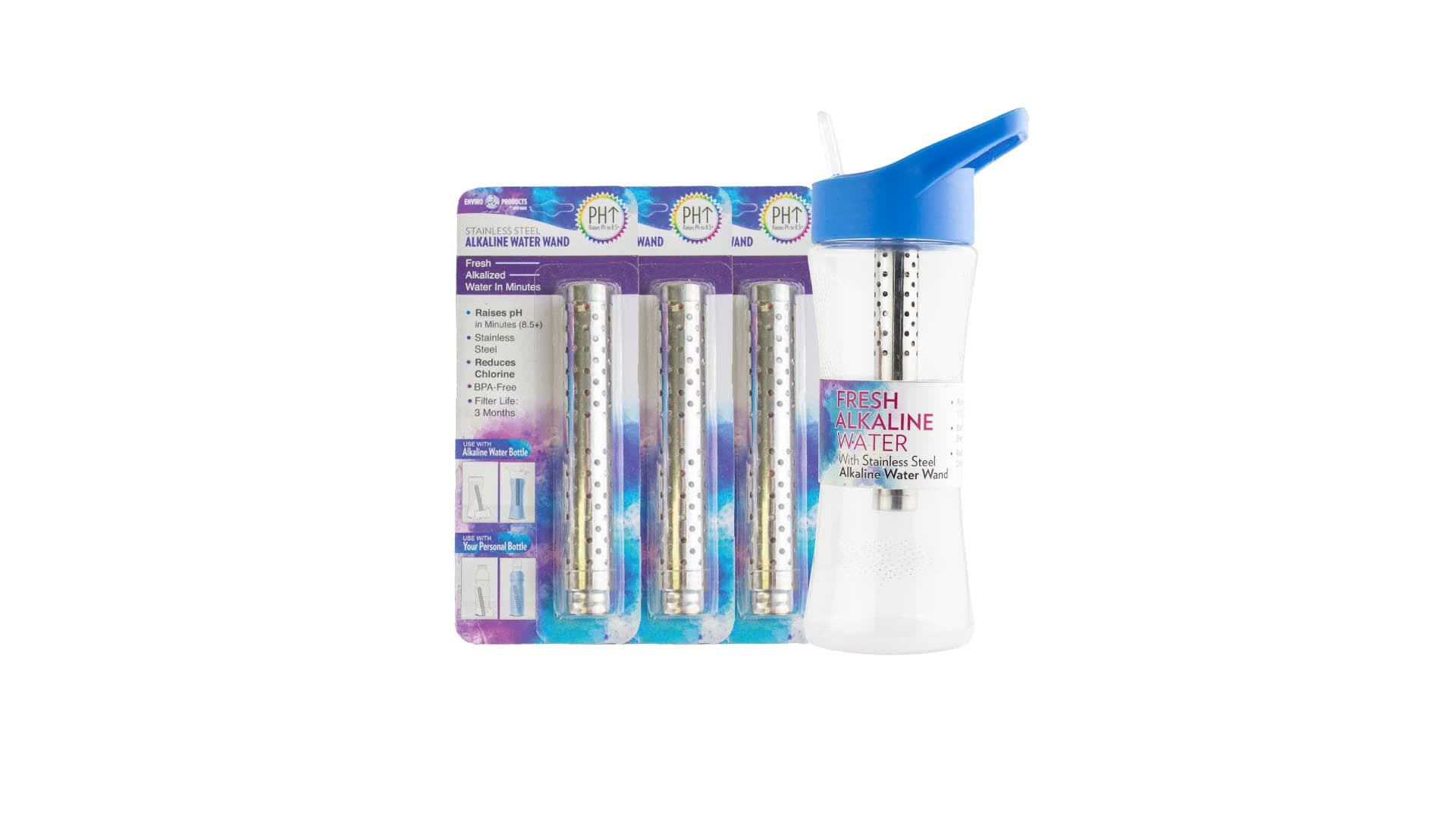 New Wave Enviro Alkaline Bottle with Replacement Wands Bundle, Bottle with 3 Replacement Cartridges, On the Go Alkaline Water for a full year with Chlorine reduction, Alkaline Bottle Blue Color