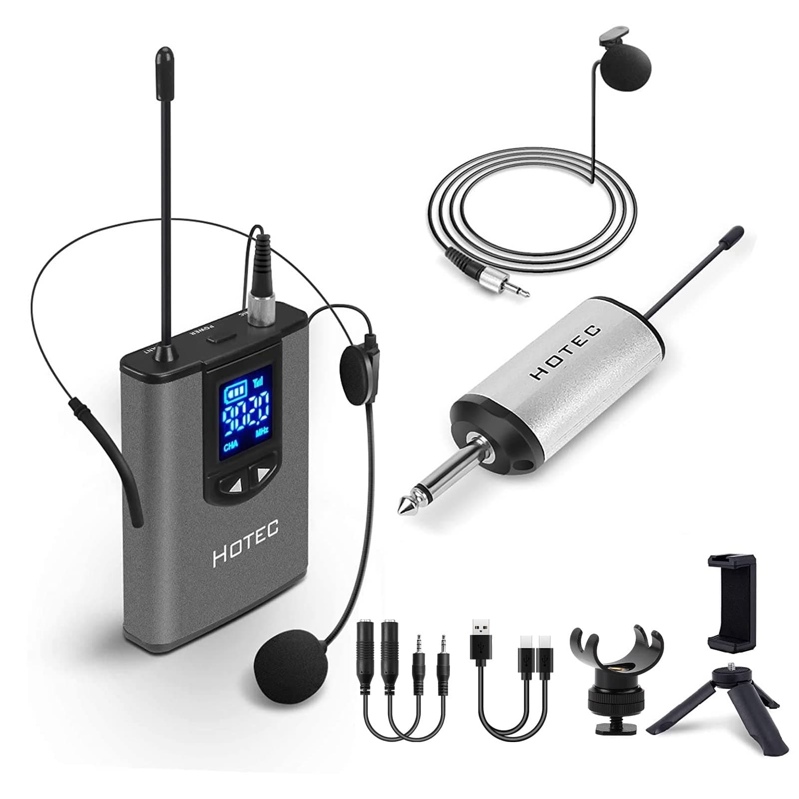 Hotec UHF Wireless Headset Microphone/Lavalier Lapel Mic with Bodypack Transmitter and Mini Rechargeable Receiver 1/4" Output for Live Performances Support Phone