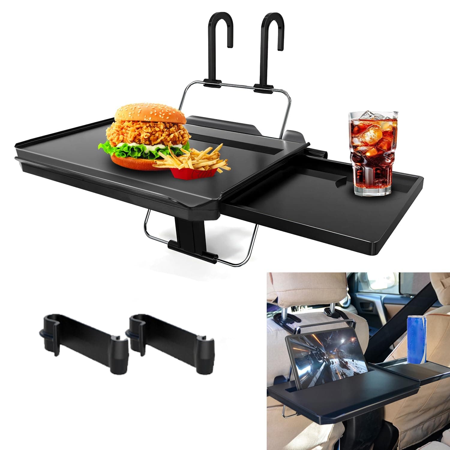 Car Steering Wheel Tray, Steering Wheel Table With Hook, Foldable Hanging Rear Headrest Car Tray with Expandable Tray and Beverage Cup Slot, 2 in 1 Car Desk for Laptop Work, Eating, Drinking