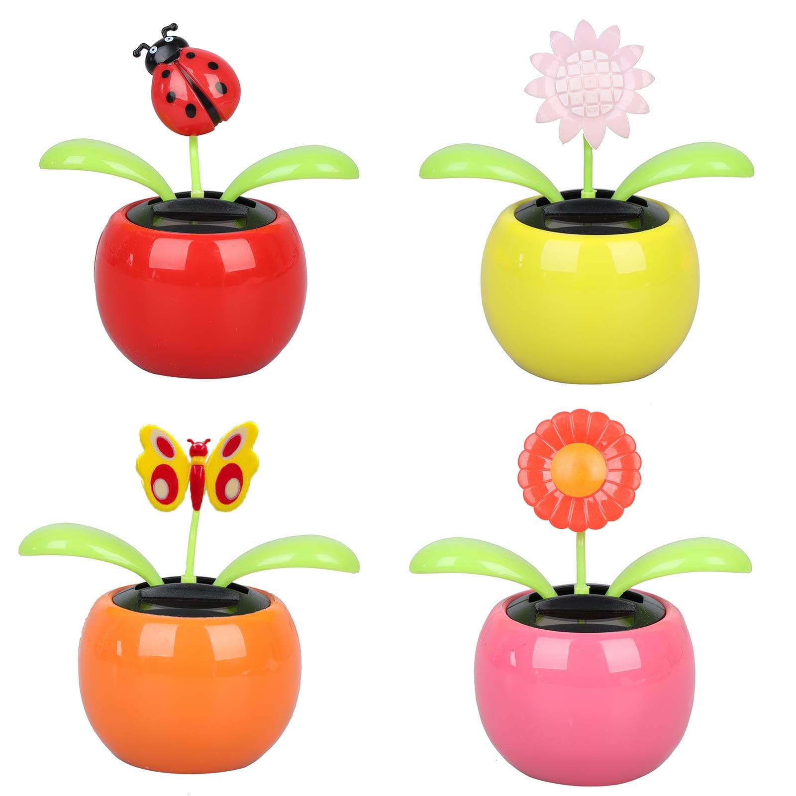 Welecom 4 Solar Dancing Sunflower Toy Solar Powered Dancing Ladybug in Colorful Pots Swinging Butterfly Flip Flap Animated Bobblehead Dancer Window Sun Catcher Car Dashboard Decor Portable Suncatcher
