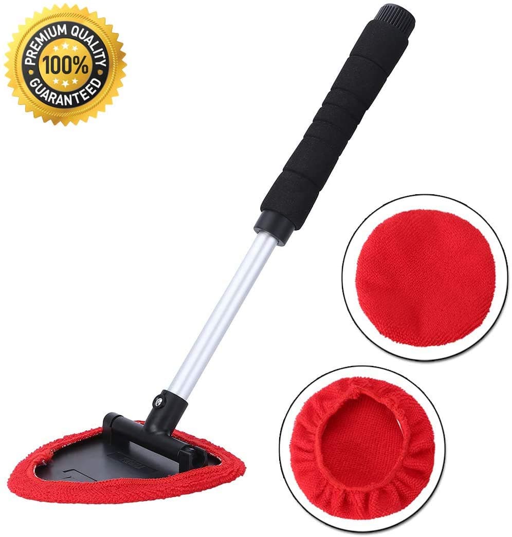 Aebitsry Windshield Cleaner Tool，Car Window Windshields Washing Brush, Wonder Cleaning Inside Interior Auto Glass Wiper Kit with Extendable Handle, 2PCS Washable and Reusable Pads (Red)