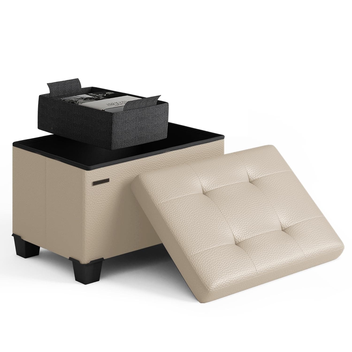 Storage Ottoman Cube with Small Bin, 16-in Square Ottoman with Storage for Living Room and Bedroom, Small Ottomans Foot Rest, Leather Foot Stools Ottomans Max 330lbs, Beige