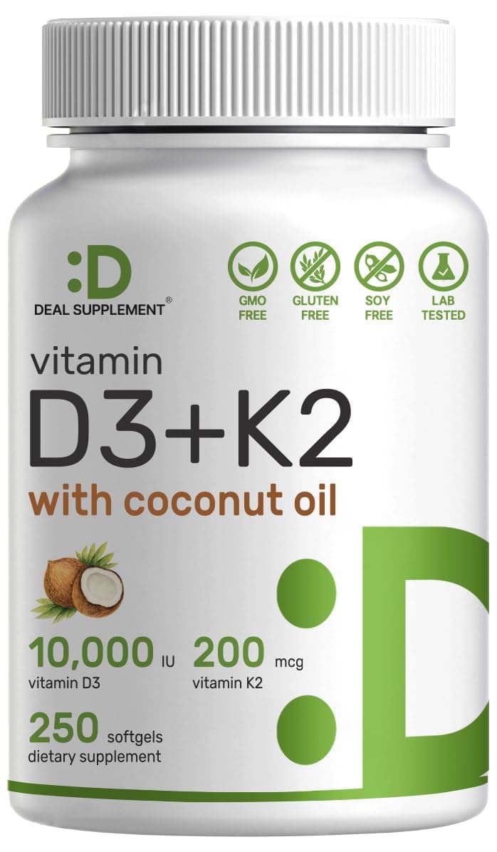 DEAL SUPPLEMENT Vitamin D3 10,000 IU + K2 MK7 200mcg Softgels, 250 Count | 2-in-1 Complex with Virgin Coconut Oil | Easy to Swallow