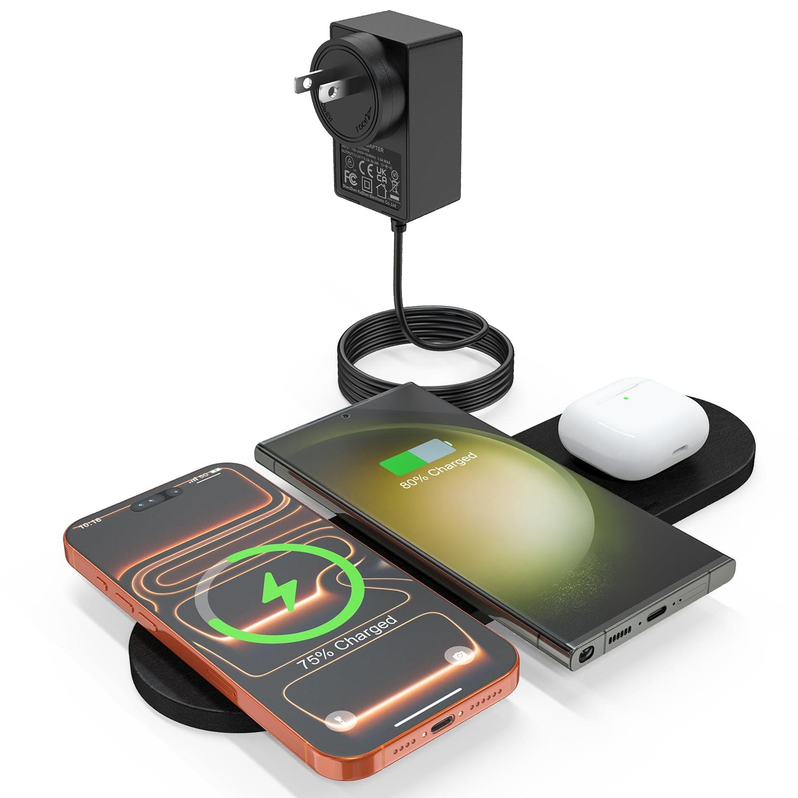 ZealSound Wireless Charging Pad,Triple Wireless Charger Pad Multiple Devices Compatible with iPhone Phone New AirPods Galaxy Buds Ultra-Slim PU Leather Wireless Charging Mat for Smartphone Phone Black