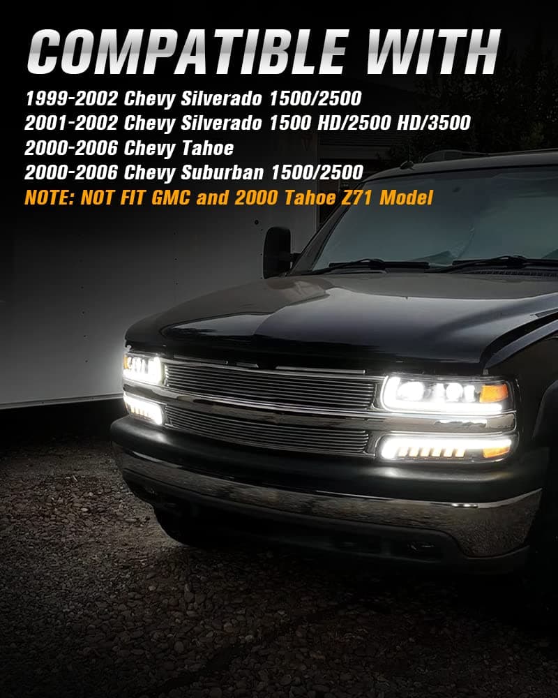LED Headlights Assembly Headlamps Replacement Compatible with 1999-2002 Chevy Silverado 2000-2006 Chevy Suburban 00-06 Tahoe DRL Turn Signal Hi/Low Beam with Bulbs (NOT FIT for GMC)