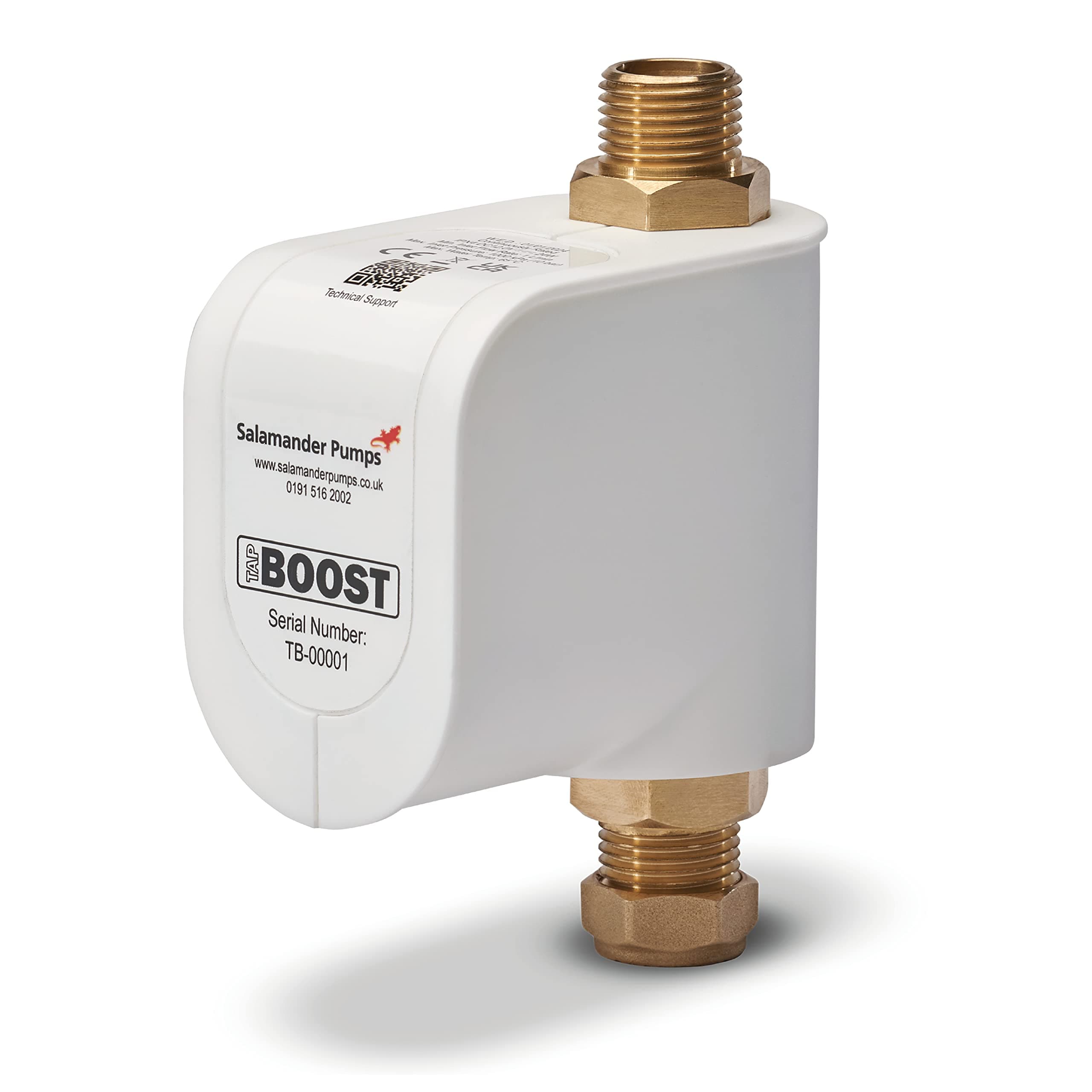 Mains Booster TapBoost Inline Pump - Boosts Flow to 7-11L/Min - Brass Ends - Suitable for Mains & Gravity Fed Systems - 2 Year Warranty
