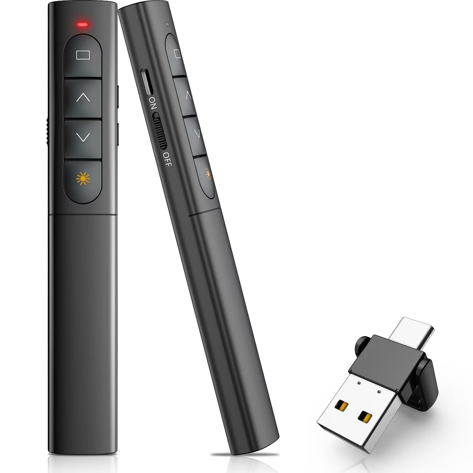 XVersion Wireless Presenter Remote 2-in-1 Clicker with Red Laser Pointer, Dual USB & Type-C Receiver, 2.4GHz Slide Controller for Laptop, MacBook, Windows (Black)