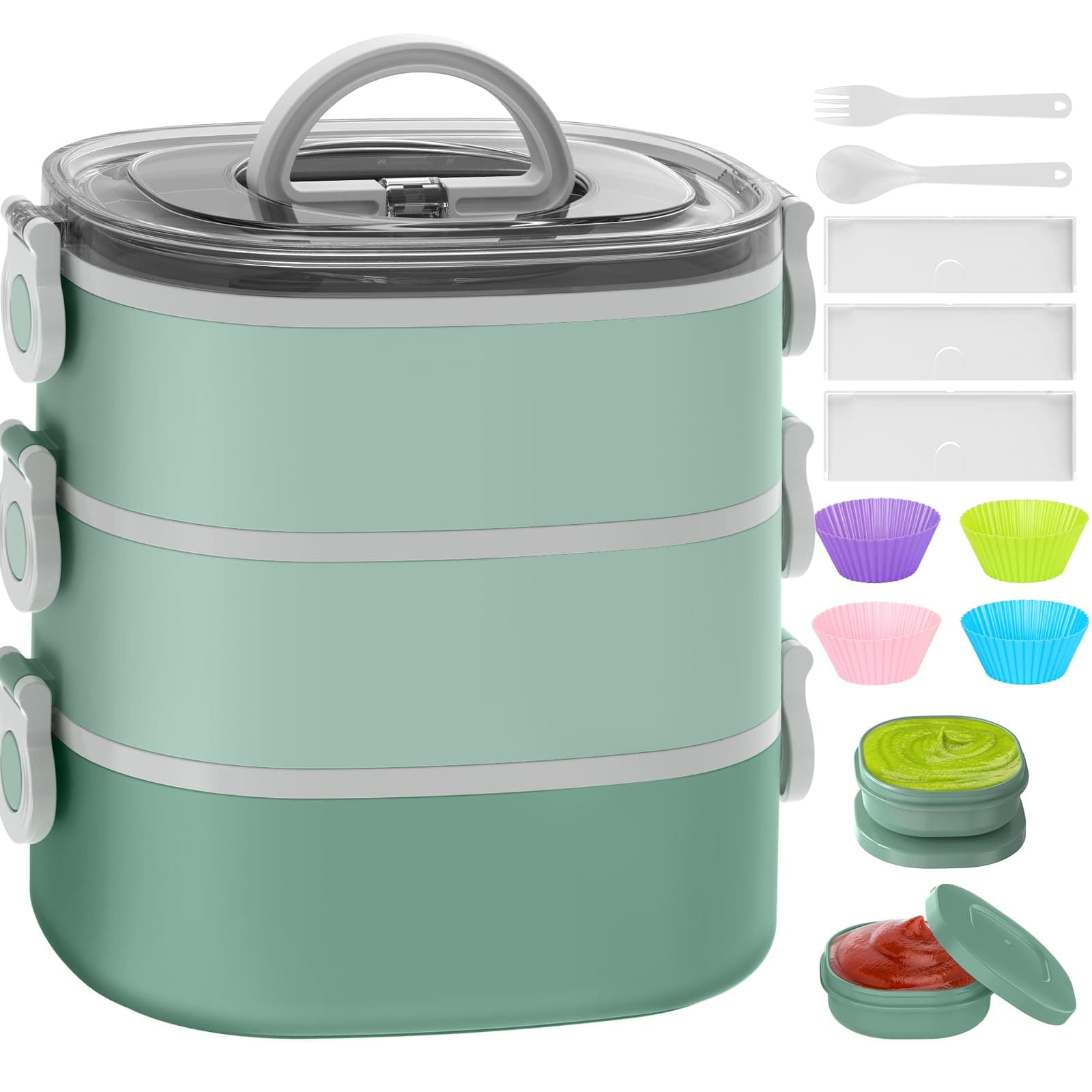 Bento Lunch Box, Stackable 3 Layers Bento Box Adult Lunch Box, 94OZ Large Capacity Lunch Containers, Lunch Box Kids with Accessories Kit, Leak-Proof, Food-Safe Materials, Green
