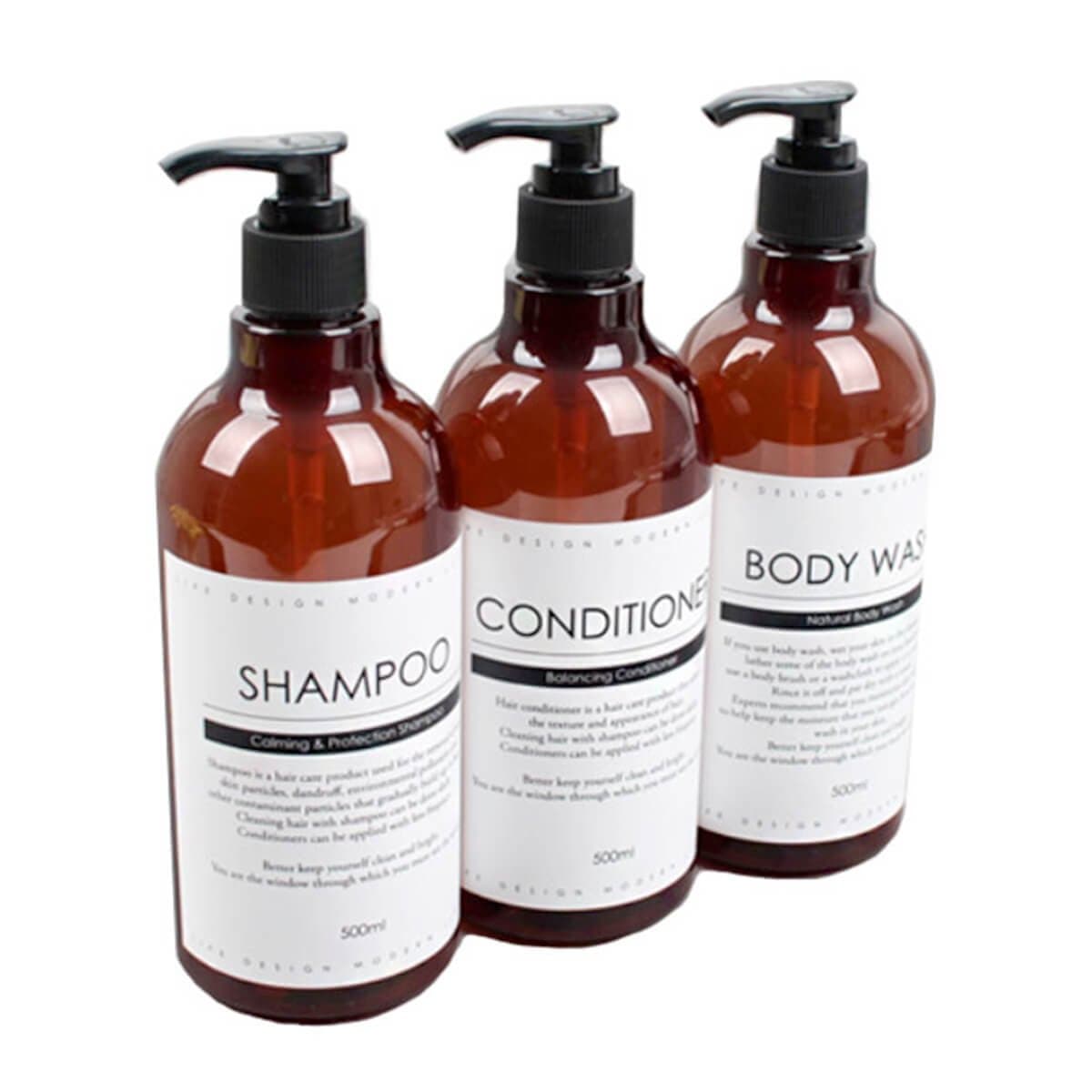 HARRA HOME Modern Design 16oz Refillable Empty Shower Bottles with Pump Funnel Water Resistant Labels Amber Plastic Pump Bottle Dispenser Set for Bathroom, Pack of 3 (White)