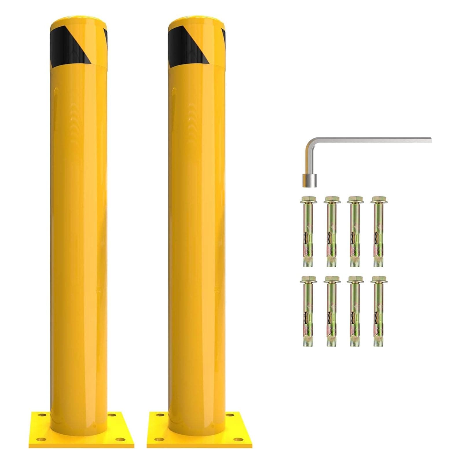 Safety Bollard, 42-Inch Tall Steel Safety Bollard with 4.5-Inch Diameter, Yellow-Painted Steel, Equipped with 8 Anchor Bolts for Stability,Ideal for Traffic-Sensitive Zones(42inch 2 PCS).
