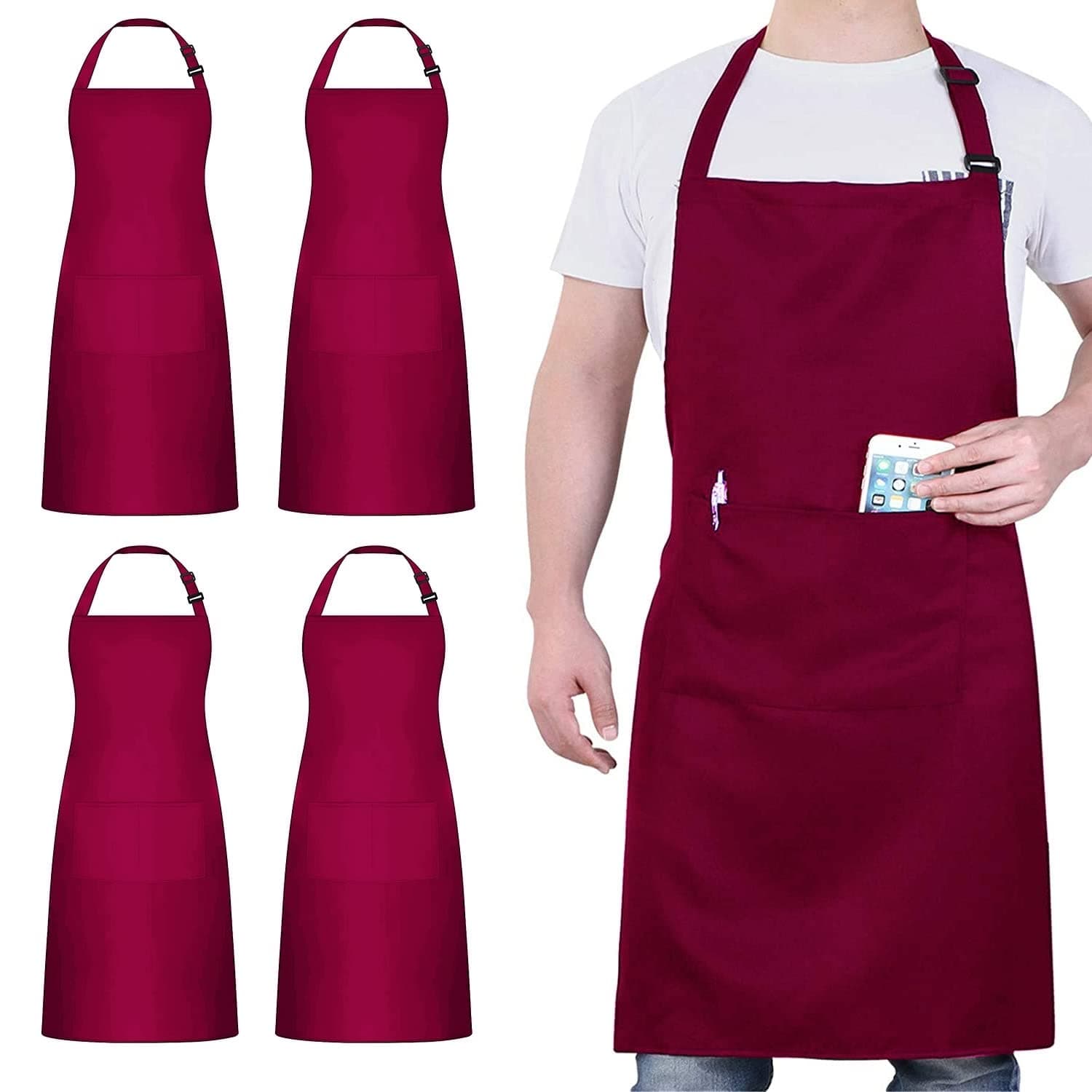 4 Pack Chef Aprons, Black Apron with 2 Pockets, Waterproof Adjustable Apron for Men, Women, Professional Kitchen Apron for Kitchen, Gardening, Restaurant, Barbecue, Coffee