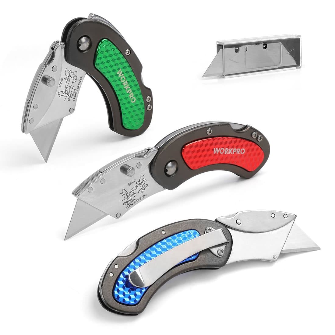 Folding Utility Knife Set Quick Change Blade, Back-lock Mechanism 3-piece with 10-piece Extra Blades