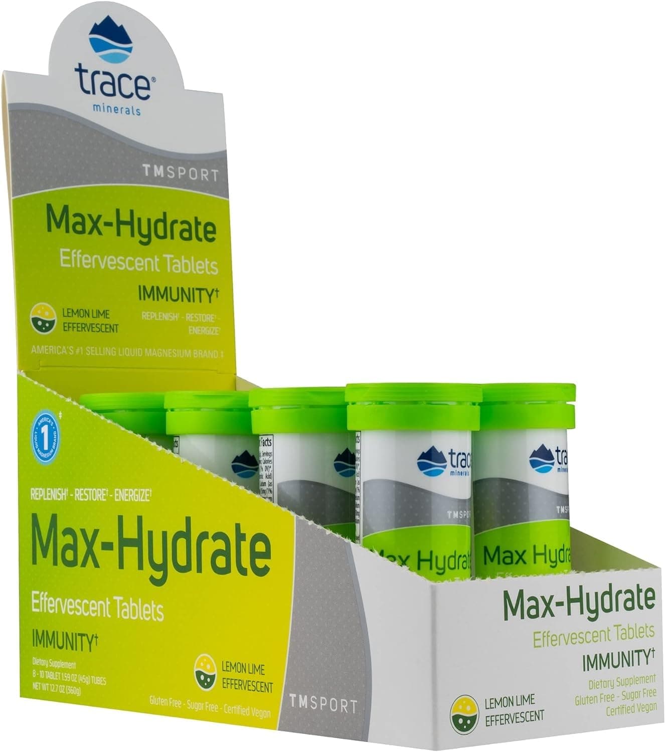 Trace Minerals Max-Hydrate Immunity Effervescent Tablets, Non GMO, Lemon Lime. 8 Tubes of 10 Tablets. Vitamin C, Electrolyte, Hydration, Support, Magnesium, Calcium, Sodium, Potassium, Minerals.