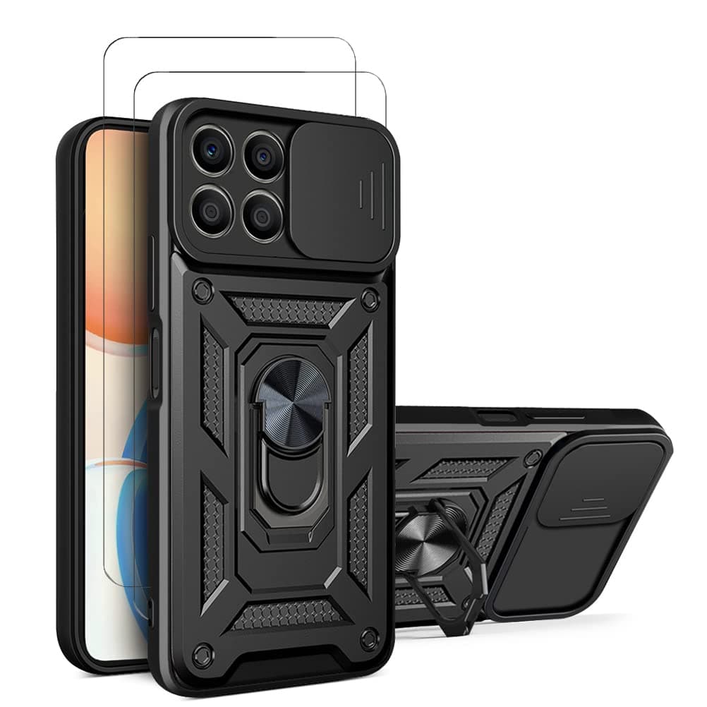 ZMONE for Honor X8A Case Cover with Glass Screen Protector [2 PACK] Built Slide Camera Protection Cover,Military Heavy Duty Full Body Protective Phone Case - Black