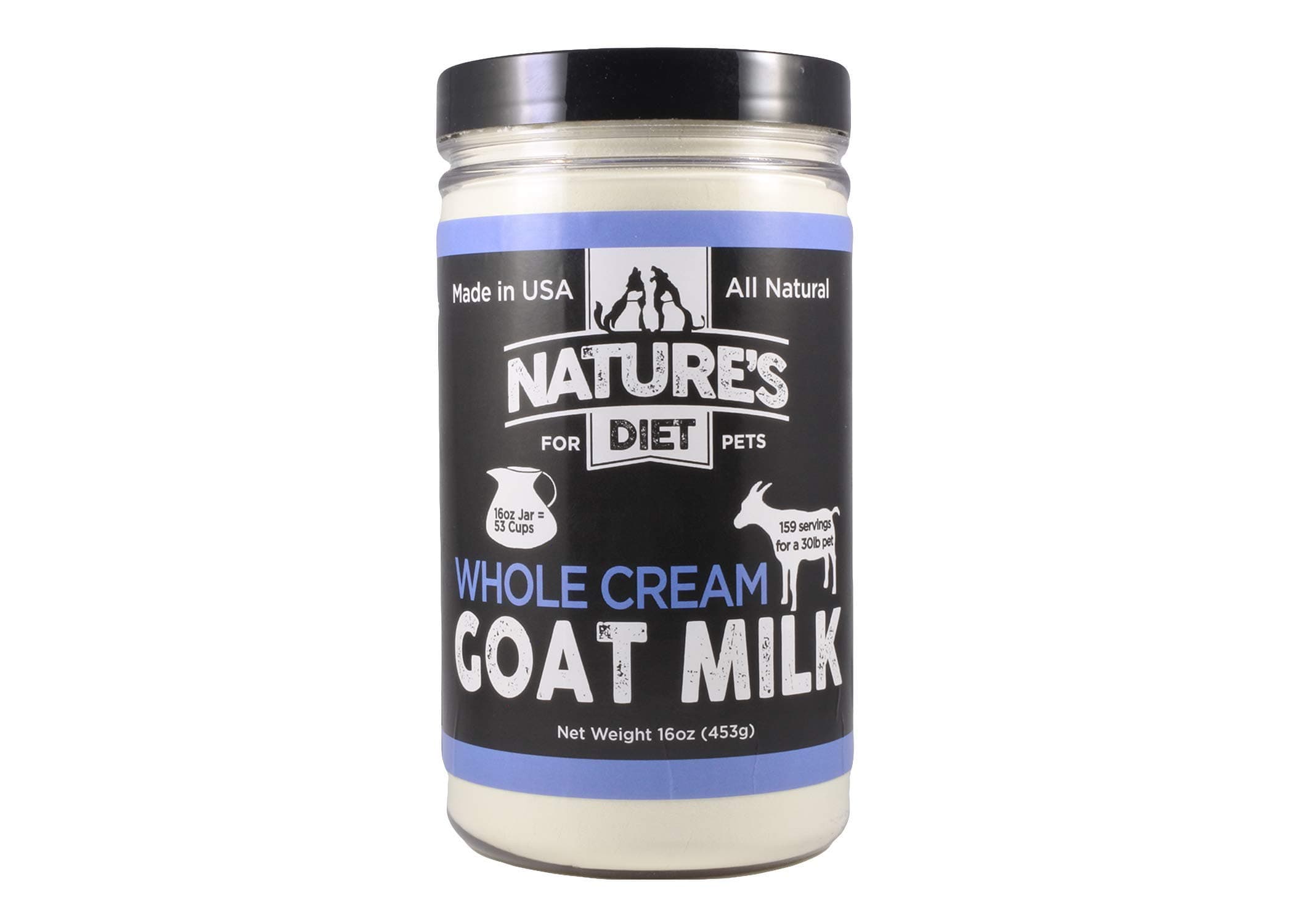 Pet Dried Whole Cream Goat Milk for use as High Protein, Hypoallergenic Digestion, Anti-inflammatory Powdered Instant Meal Topper (16 oz = 53 Cups or 159 Servings)