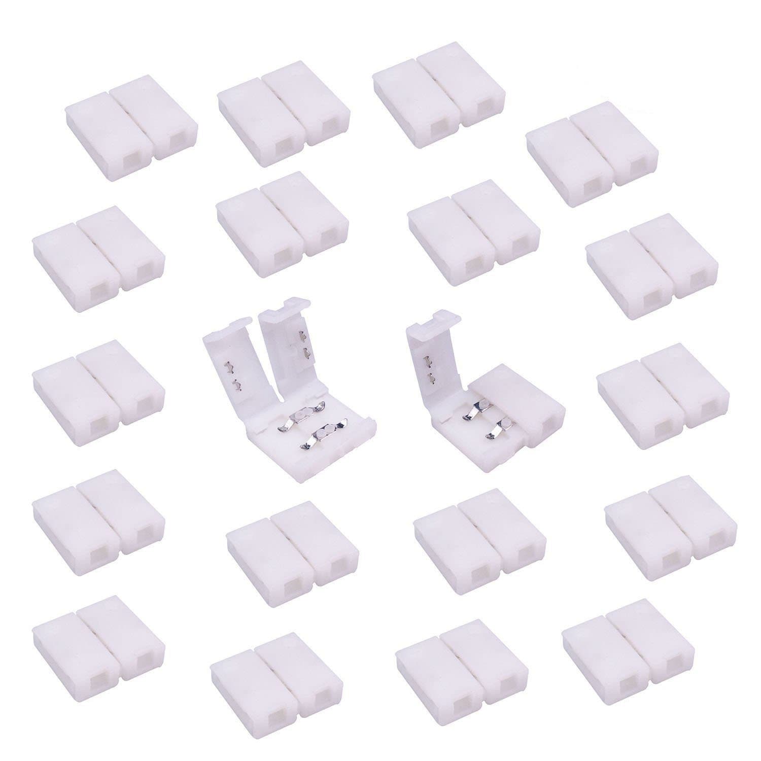 TronicsPros 20pcs 2 Pin Flex LED Tape Connector, Gapless LED Strip to Strip Connector Solderless Snap Down Clasp Adapter for 10mm Wide SMD 5050 5630 Flexible LED Strip Light LED Ribbon LED Rope Light