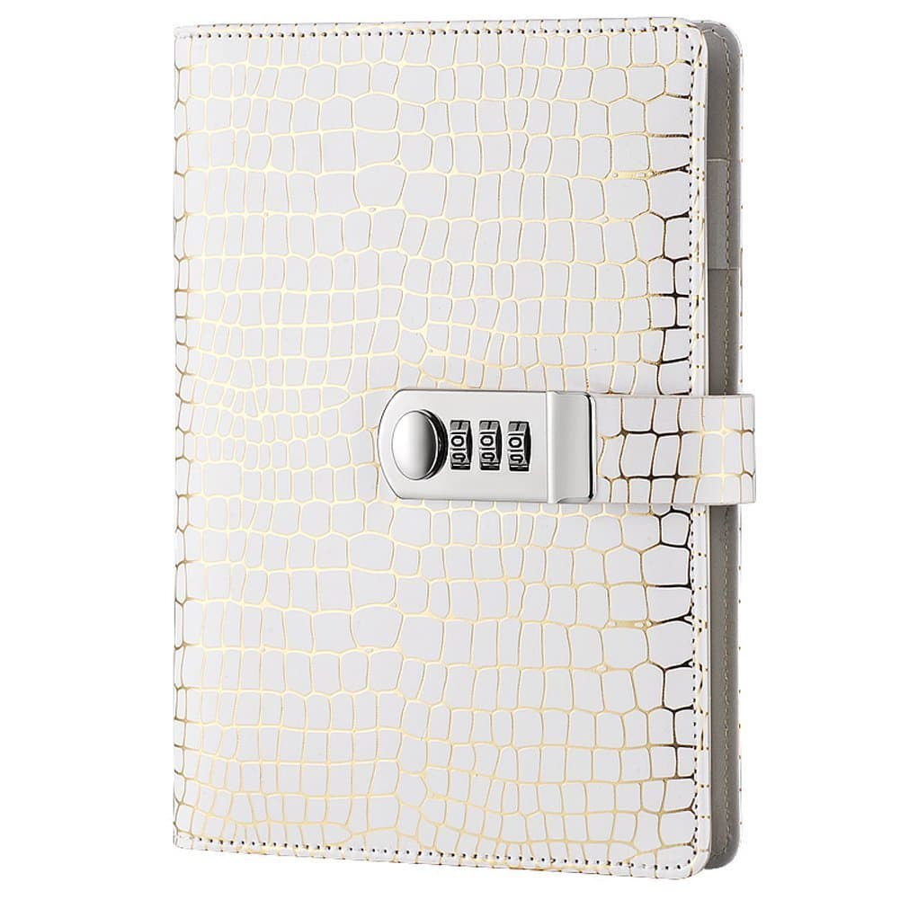 ARRLSDB Password Diary for Adults, A5 Size PU Leather Combination Lock Diary Password Journal Locking Student Handbook Notepad and Journal Diary (White)
