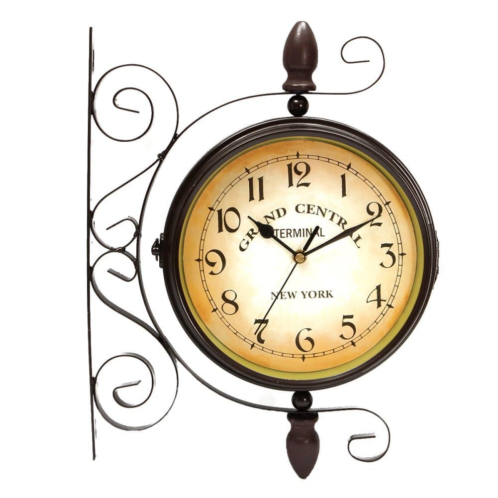 Puto Double Sided Wall Clock Wrought Iron Two Faces Antique Wall Clock Hanging Clock Non-Ticking Clock with Mounting Bracket for Indoor Décor, Brown 8 inches