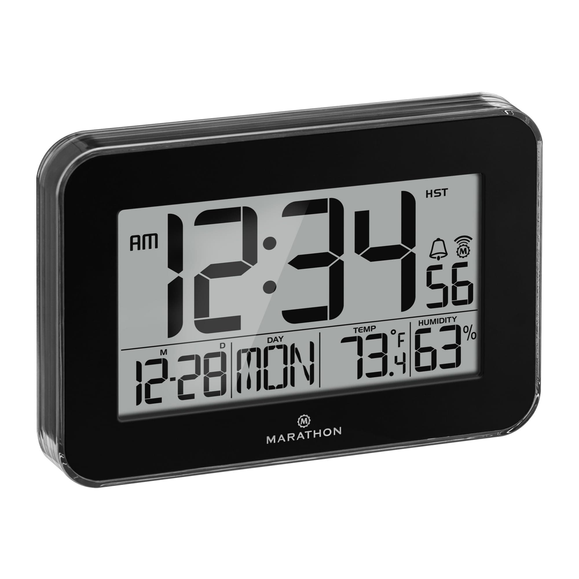 MarathonCrystal Framed Atomic Wall Clock, Black - Large, 7.5-Inch Display - AM/PM or 24-Hour Time Format, Eight Time Zones, Indoor Temperature & Humidity - Two AA Batteries Included