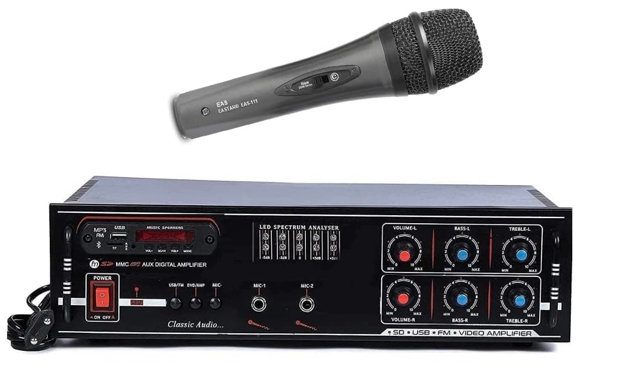 8 Transistor 4 Channel Stereo Power Amplifier with MIC/Bluetooth/USB/SD Card Slot/FM Radio/AUX Remote Control & Built-in Equalizer 5500 WATT Amplifier With Corded Premium MIC.