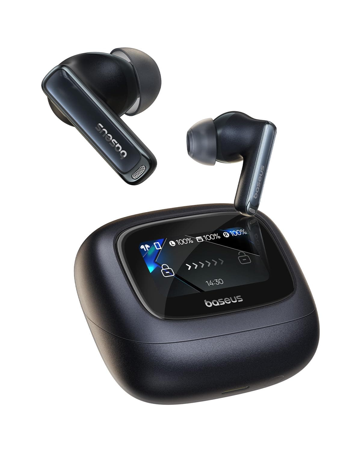 Baseus Bowie M2s Ultra True Wireless Earbuds – Smart Touchscreen Case, 52dB ANC, Bluetooth 5.4, Hi-Res Audio, Spatial Sound, 4-Mic ENC, 7H Playtime, Fast Charging, App Control, Black