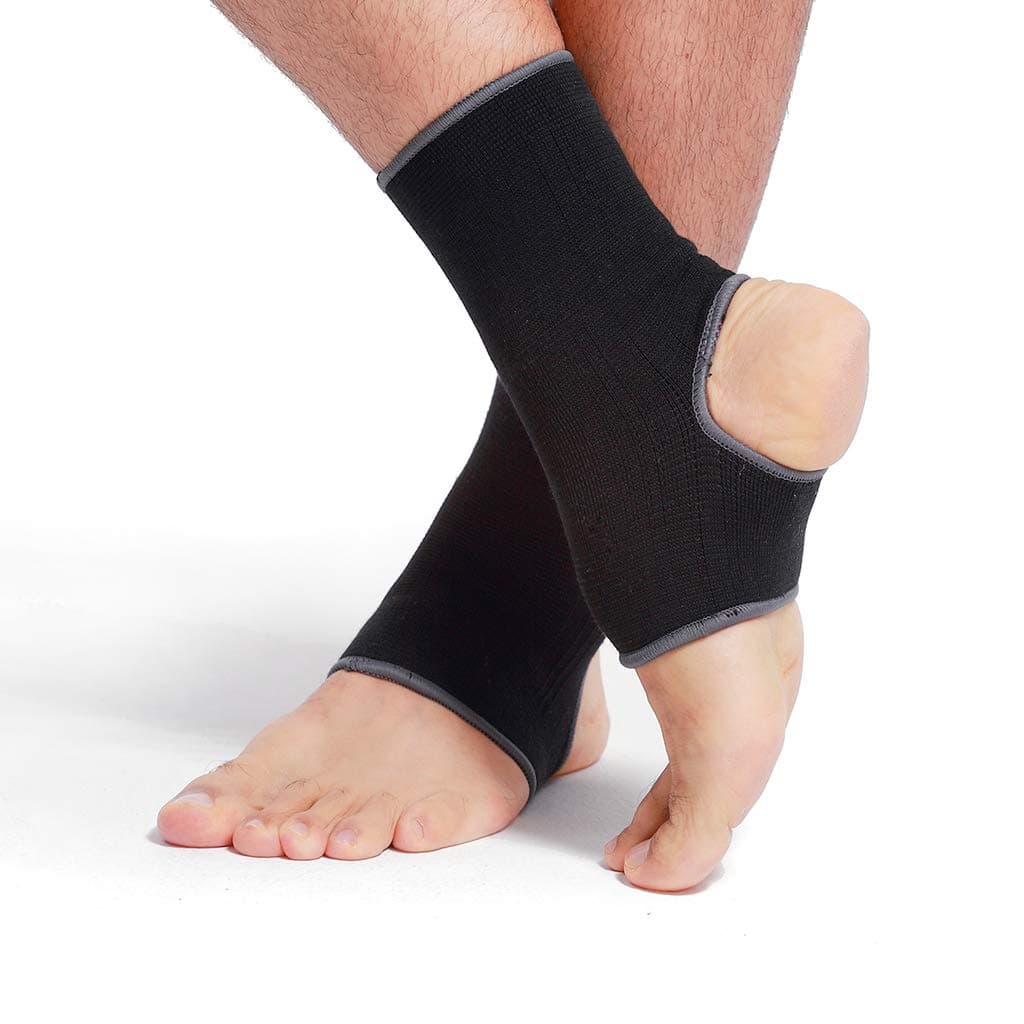 Ankle Support Sleeve - Open Heel, Light, Elastic & Breathable Knitted Fabric - Medium Compression - For Men, Women, Kids - Right or Left Foot (Black Colour, Size L, 1 Pair)