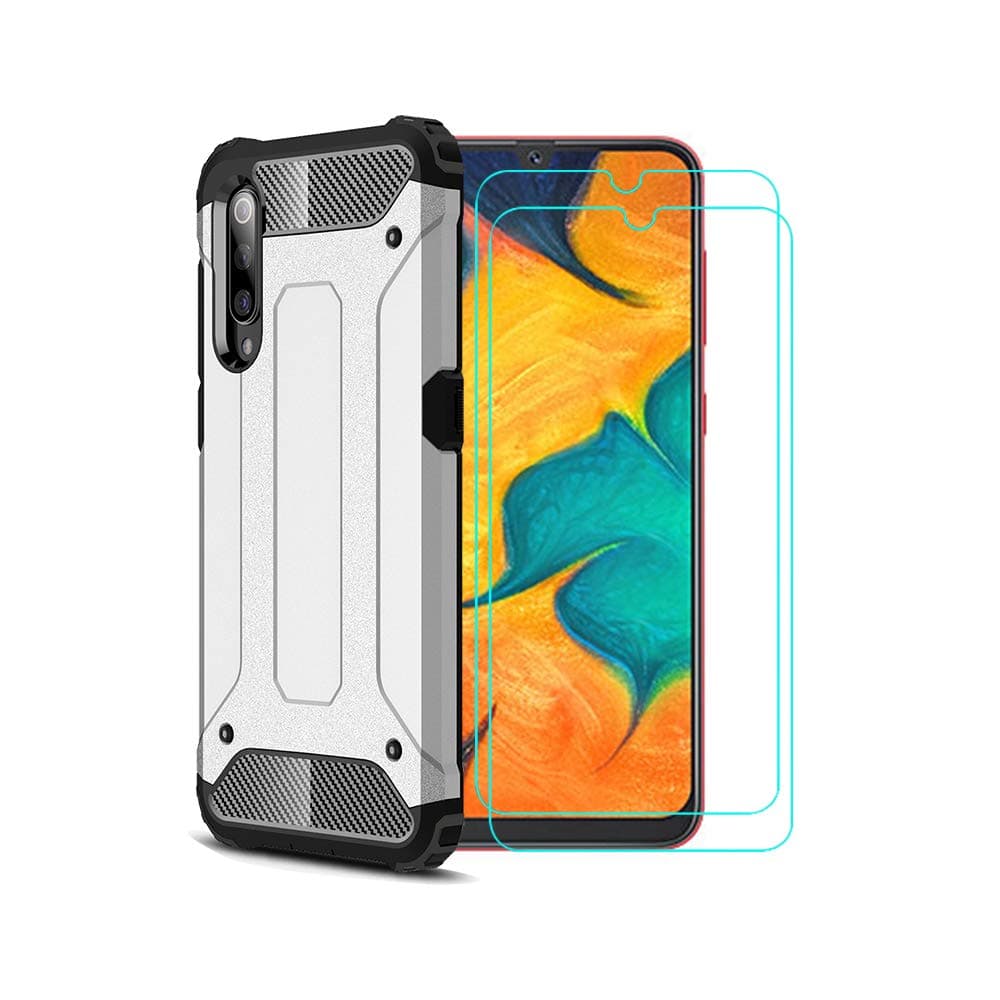 TANYO Case+2 Pack 9H Transparent Tempered Glass Screen Protector Suitable for Samsung Galaxy A70, TPU/PC 2-in-1 Shockproof Sturdy and Durable Fashion Ultra-Thin Protective Case, Silver