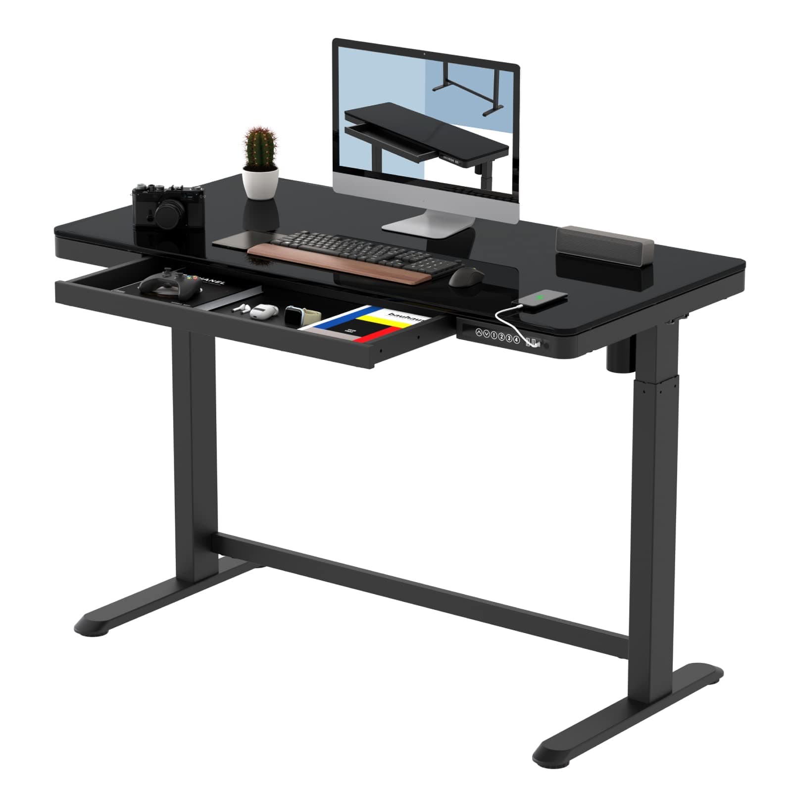Electric Height AdjUStable Standing Desk With Drawer 48 X 24 Inch Tempered Glass Black Desktop & Frame Home Office Computer Workstation 2.4A USb Charge Ports, Memory Controller, Child Lock
