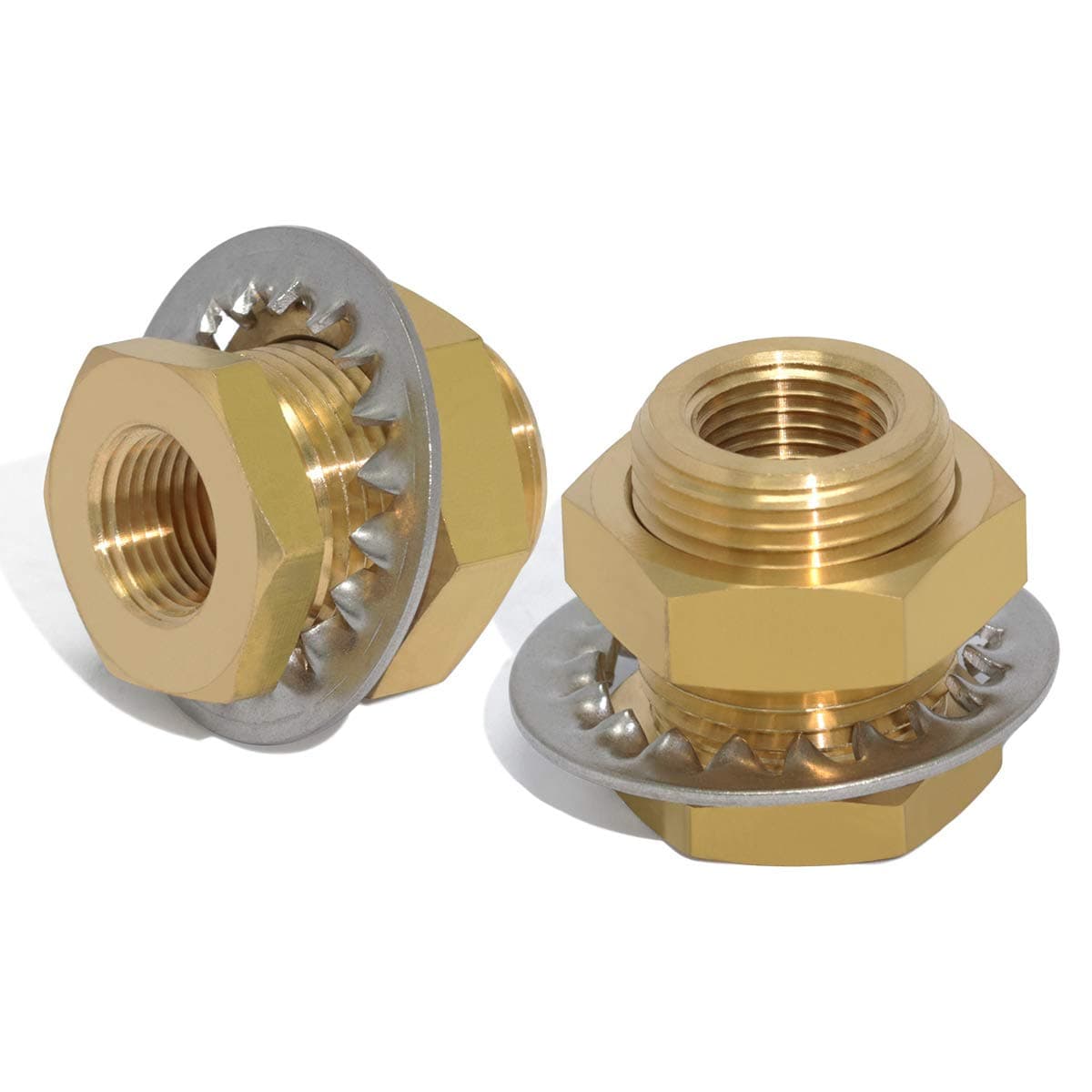 KOOTNAS 2-Pack Solid Brass Bulkhead Fittings, 3/8 NPT Taper Female 1" Straight Male Thread Brass Connector with Metal Wave Ring, 1.32" Length for Water Tank, Pipes, Faucets, Hoses, Pipe Fittings