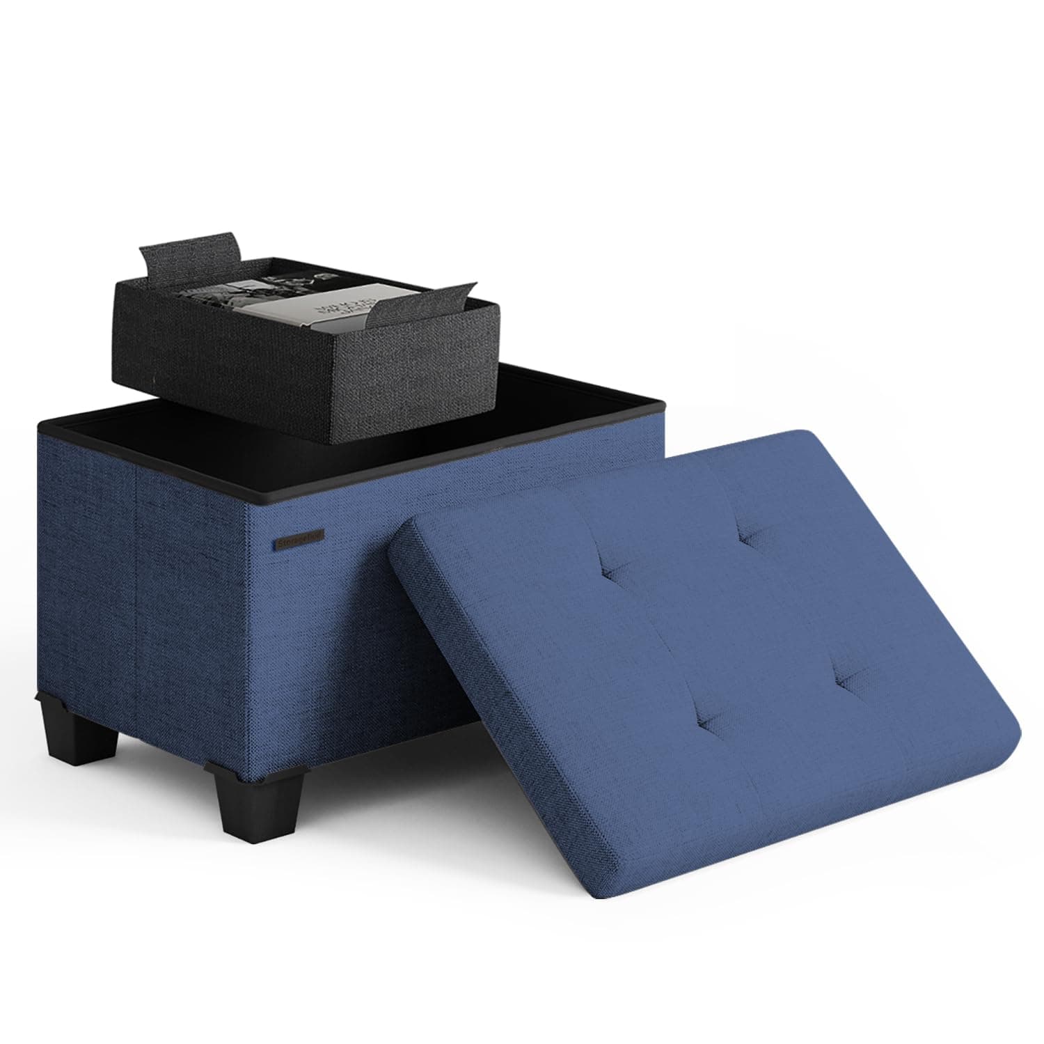 STORAGEBUD Storage Ottoman Cube with Small Bin, 16-in Square Ottoman with Storage for Living Room and Bedroom, Small Ottomans Foot Rest, Fabric Foot Stools Ottomans Max 330lbs, Blue