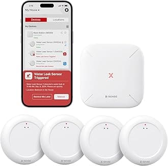 Wi-Fi Water Leak Detector Kit, Smart Water Sensor Alarm with App Alerts and Ultra-Slim Design, Water Alarm Leak Detector for Basements, 4 Water Sensors and 1 Base Station, Model SWS0A41