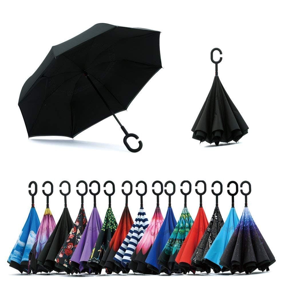 Double Layer Inverted Umbrella Cars Reverse Open Folding Umbrellas, Windproof UV Protection Large Self Stand Upside Down Straight Umbrella for Golf Women and Men with C-Shaped