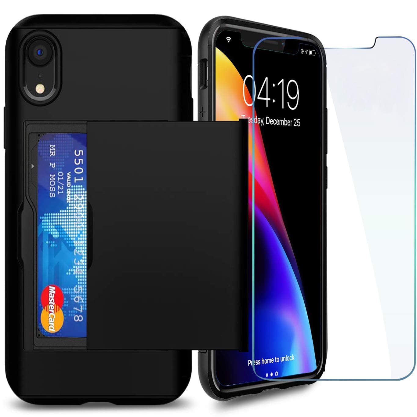 iPhone XR Case with Card Holder and[ Screen Protector Tempered Glass x2Pack] SUPBEC i Phone xr Wallet Case Cover with Shockproof Silicone TPU + Anti-Scratch Hard PC - Full Protective (Black))