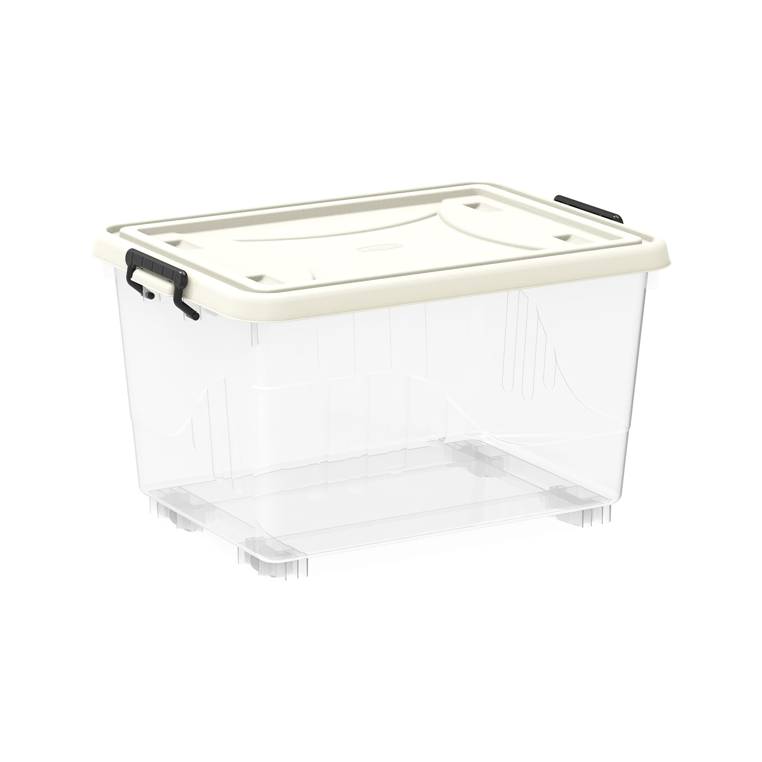 55L Clear Plastic Storage Box With Wheels & Lockable Lid, Off White, 55-Liters