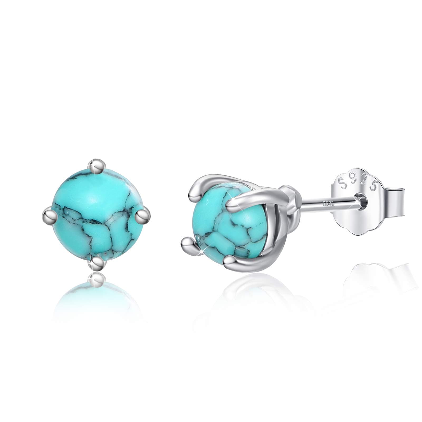 CuokaTurquoise Studs Earrings, 925 Sterling Silver Round Shape Tiny Studs, Turquoise Jewelry Mother Day Gift for Women Daughter Girlfriend with Gift Box-4mm 6mm