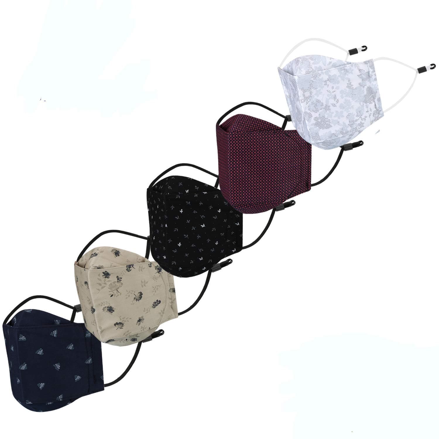 5 Pcs 100% Cotton 3d Mask with Adjustable Earloop, Ear Saver Strap & Meltblown Filter, Printed, Breathable,Reusable, Washable Designer Fabric Face Mask for Men, Women & Teens