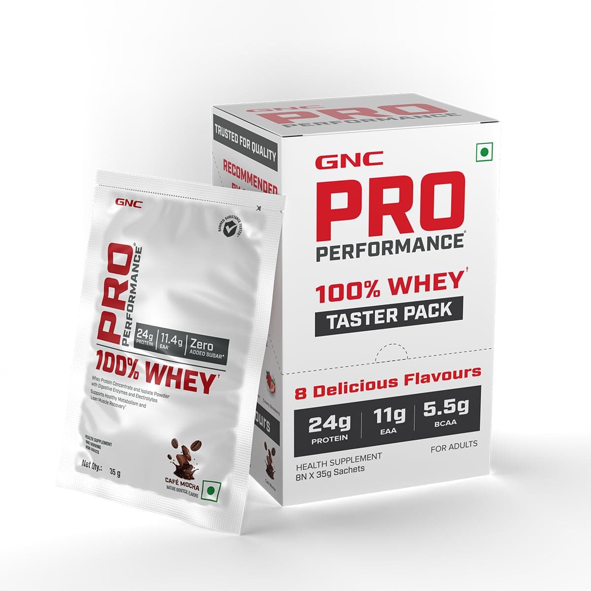 GNC Pro Performance 100% Whey Protein Powder Taster Pack,Boosts Strength & Endurance,Builds Lean Muscles,Fastens Muscle Recovery,Formulated In Usa,24G Protein 5.5G Bcaa, 8 Flavors X 35Gm Sachets