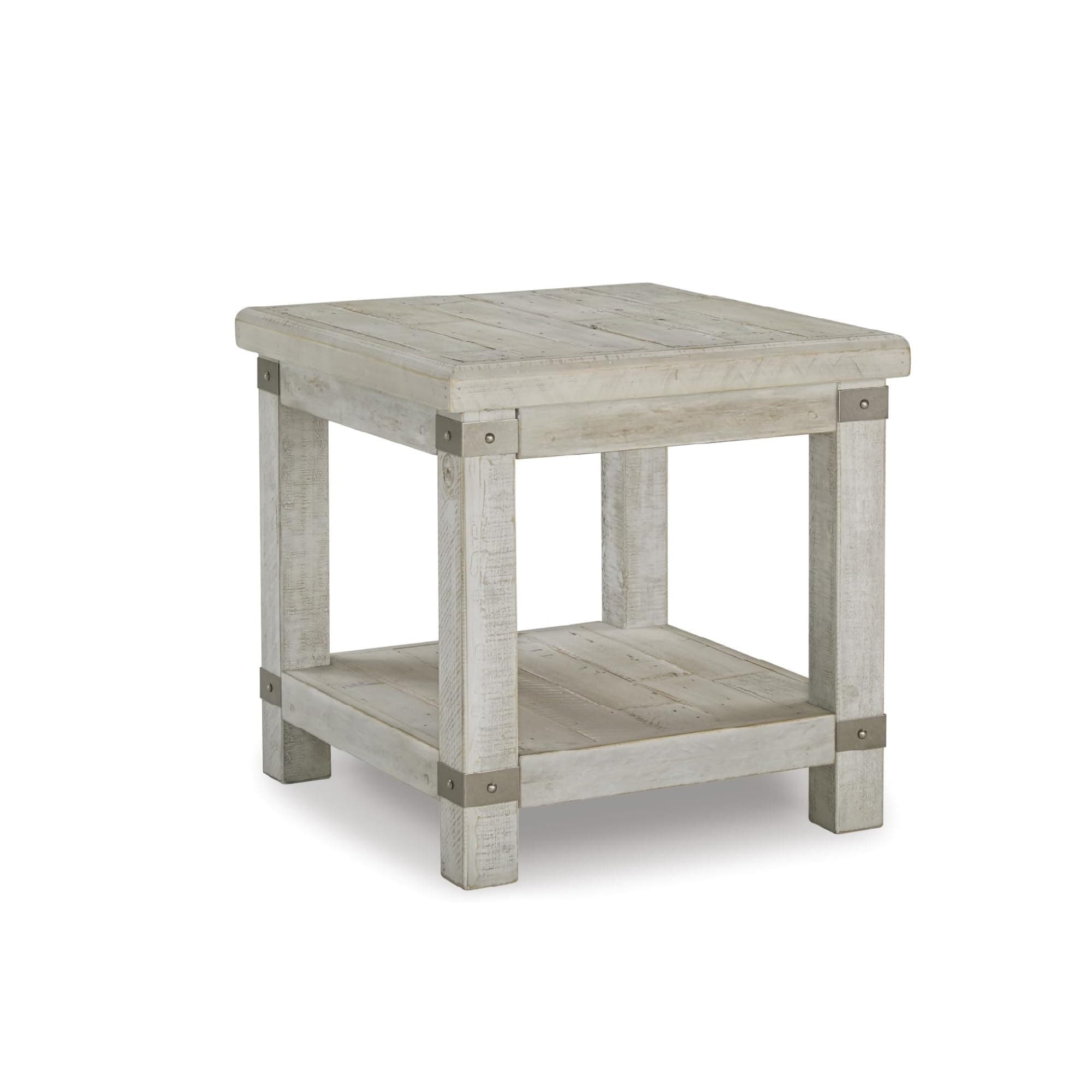 Signature Design by Ashley Carynhurst Farmhouse Rectangular End Table with Lower Shelf, 2 Electrical Outlets and 2 USB Ports, Wood, 24" High, Light Gray